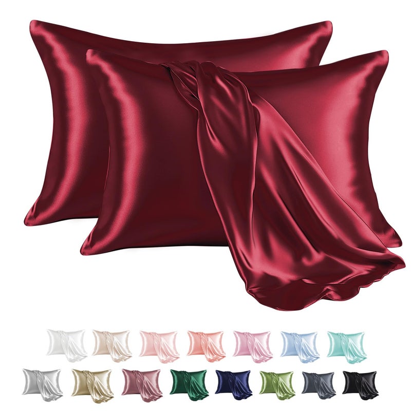 MR&HM Satin Pillowcase for Hair and Skin, Silk Satin Pillowcase 2 Pack, Standard Size Pillow Cases Set of 2, Silky Pillow Cover with Envelope Closure (20x26, Burgundy) - Image 1